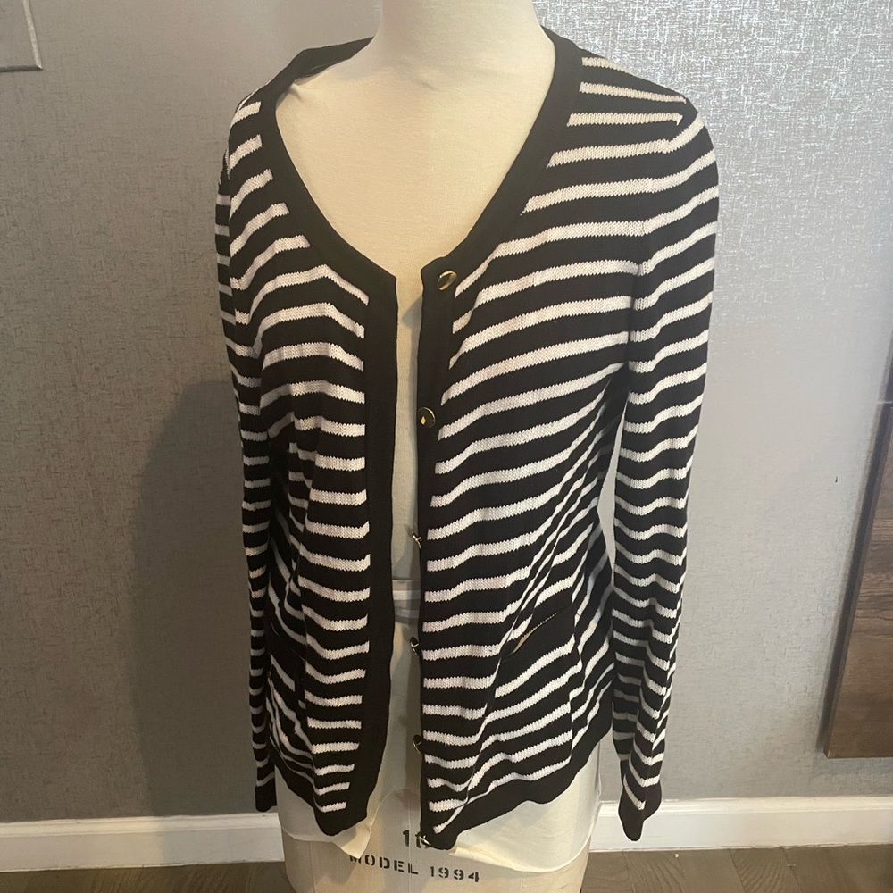 EUC H&M Black and White Striped Cardigan with Gold Buttons